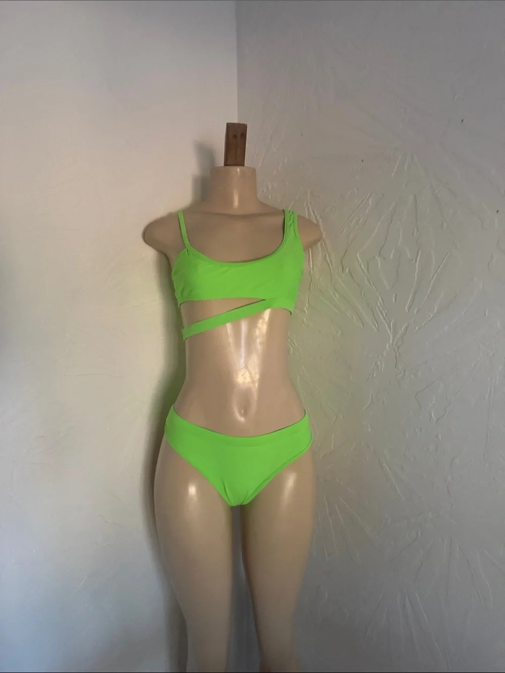 Neon Green Asymmetric Cutout Bikini Set - Women Swim S